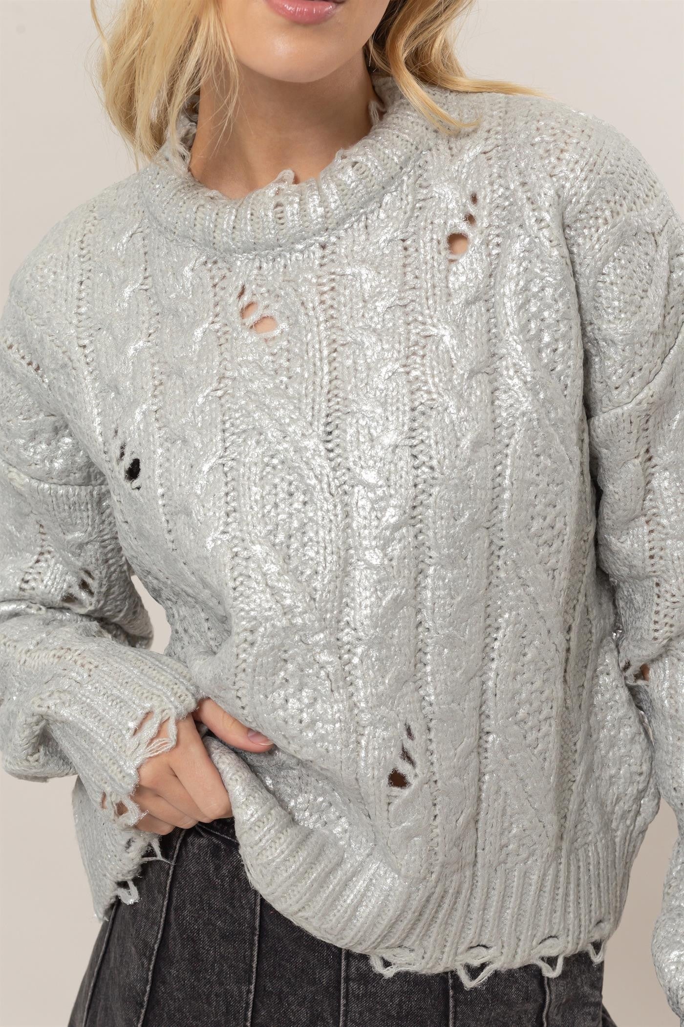 Distressed Cable-Knit Round Neck Long Sleeve Sweater HYFVE   