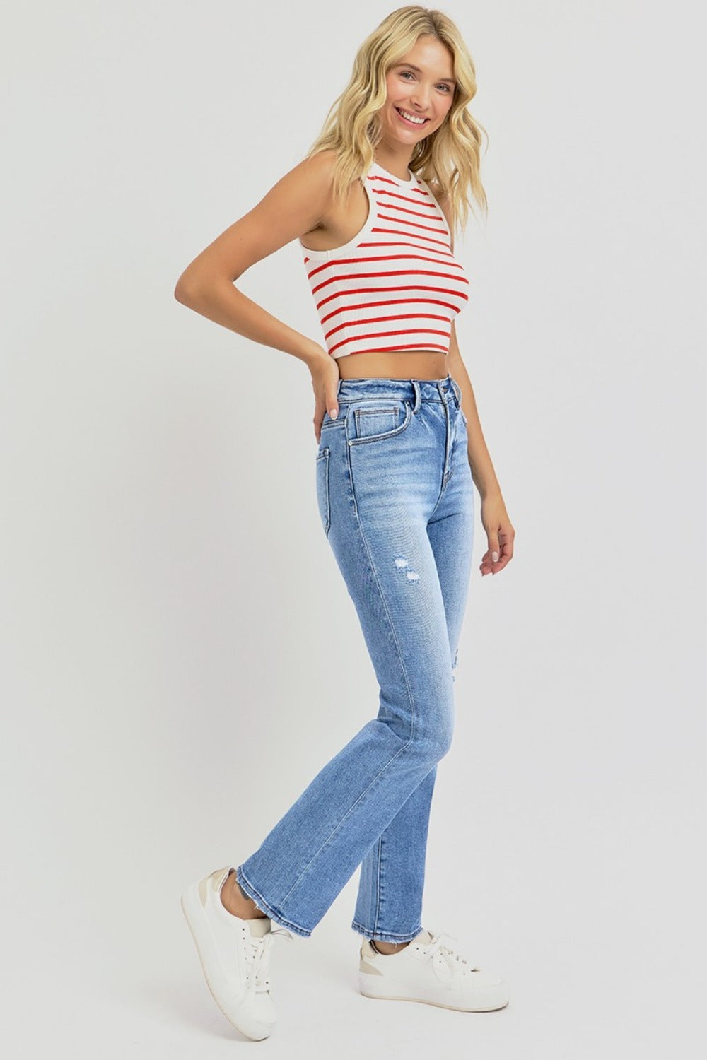 Distressed High-Rise Ankle Straight Jeans Risen   