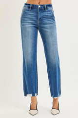 High Rise Ankle Straight Distressed Hem Detail Jeans Risen