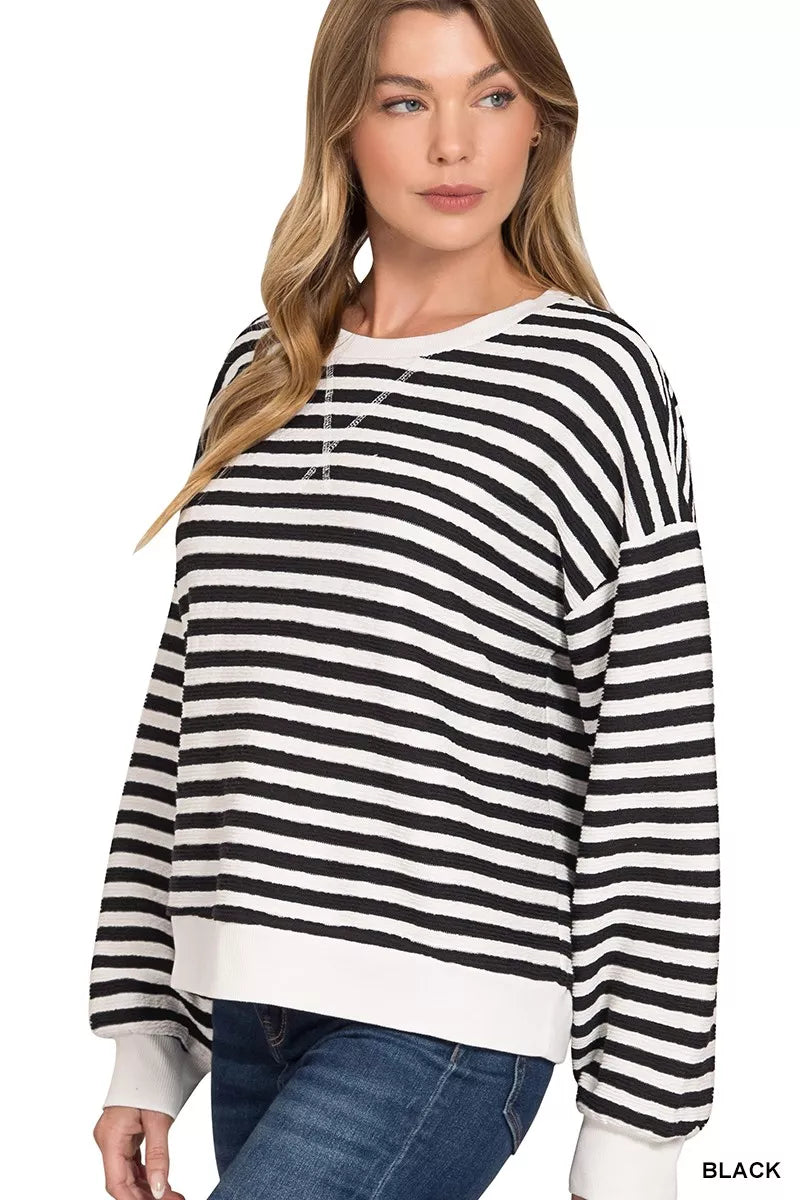 Striped Round Neck Sweatshirt ZENANA