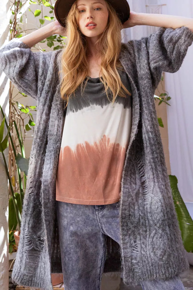 Distressed Cable-Knit Ombre Dying Cardigan POL