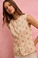SO ME Floral Rose Cotton Twill Scallop Button Vest Top Trendsi