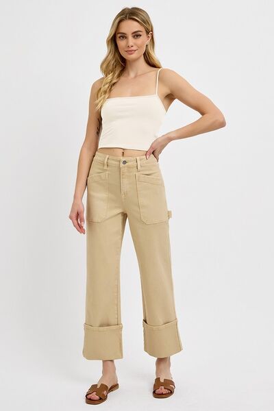 High Rise Wide Straight Cuffed Patch Jeans Risen