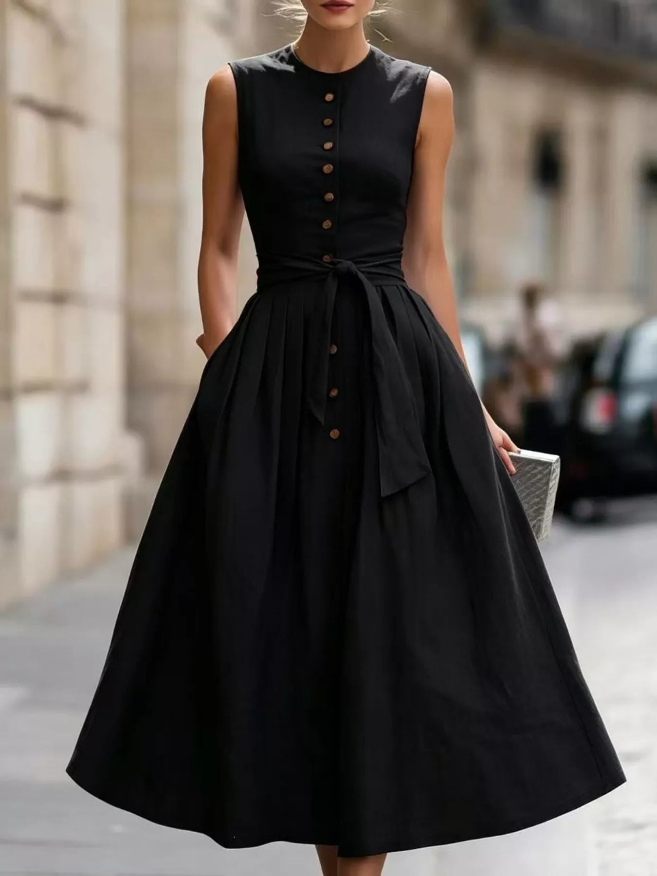 Sleeveless Button-Front Belted Midi Dress Simmer & Fay Black S