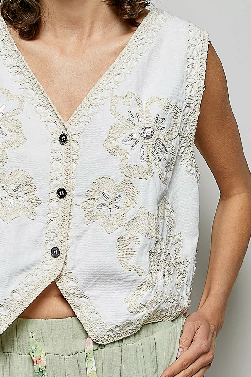 Embroidered Floral V-Neck Button Down Crochet Vest POL