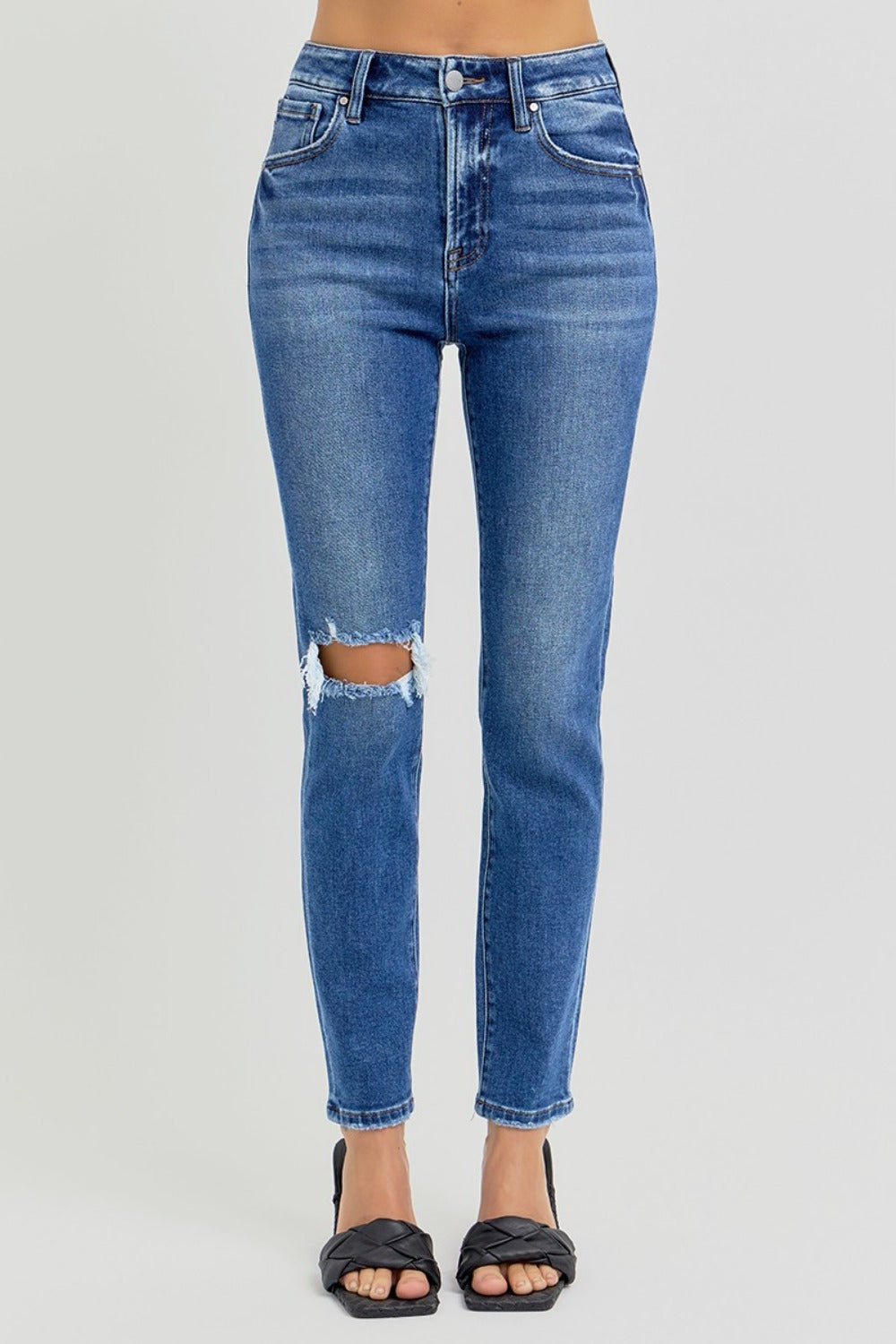 High Rise Ankle Skinny Knee Distressed Jeans Risen   