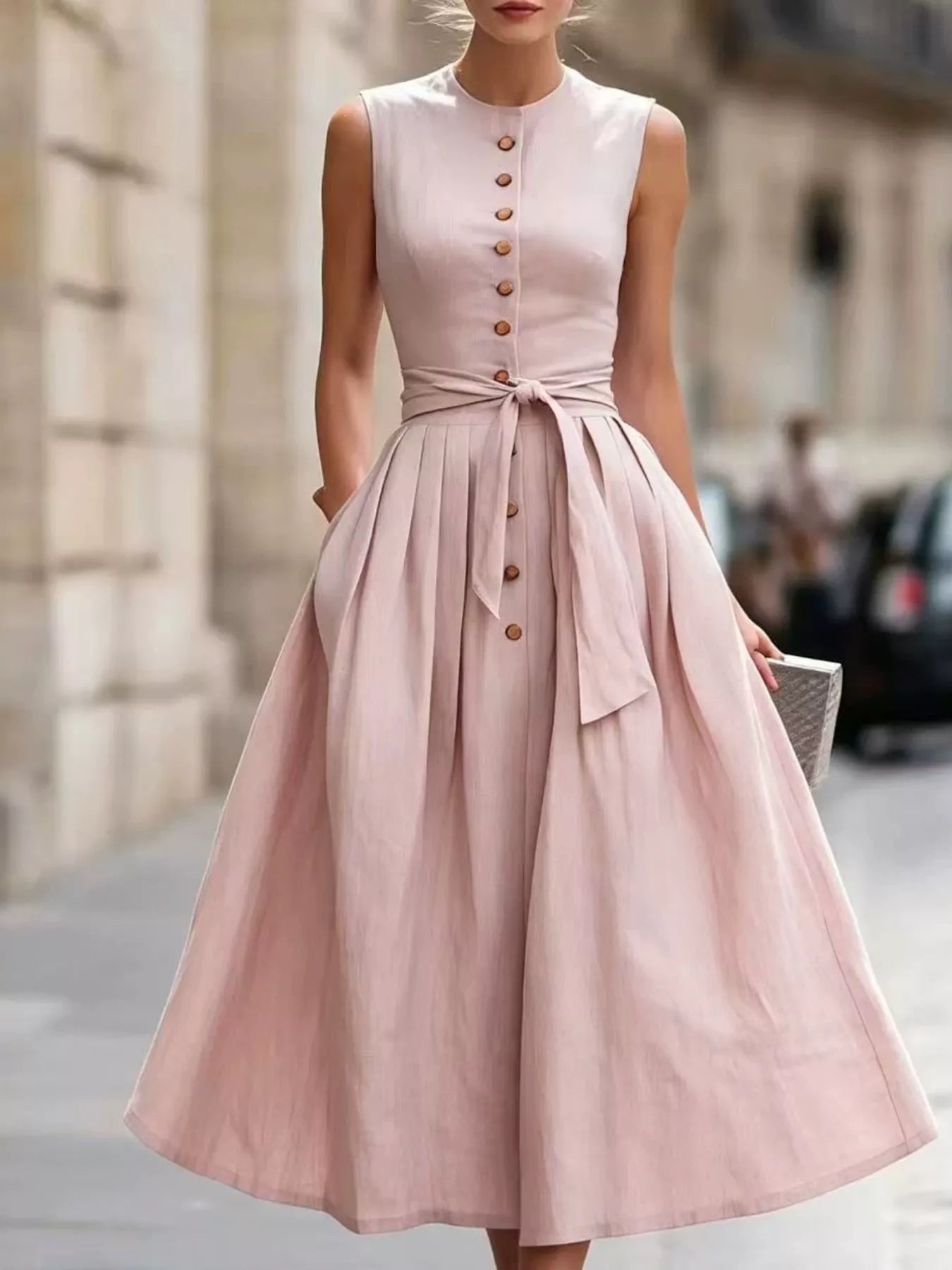 Sleeveless Button-Front Belted Midi Dress Simmer & Fay Peach Color S