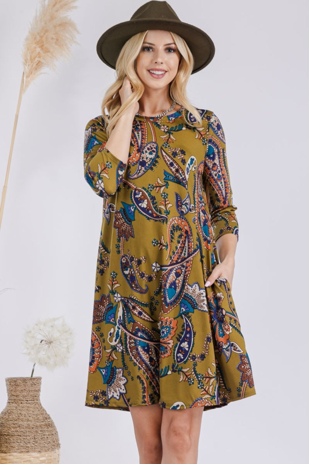 Paisley Print Round Neck Quarter Sleeve Dress with Pockets Celeste   