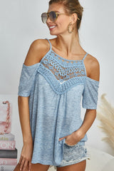 Drop Shoulder Crochet Lace Adjustable Strap Top BiBi   