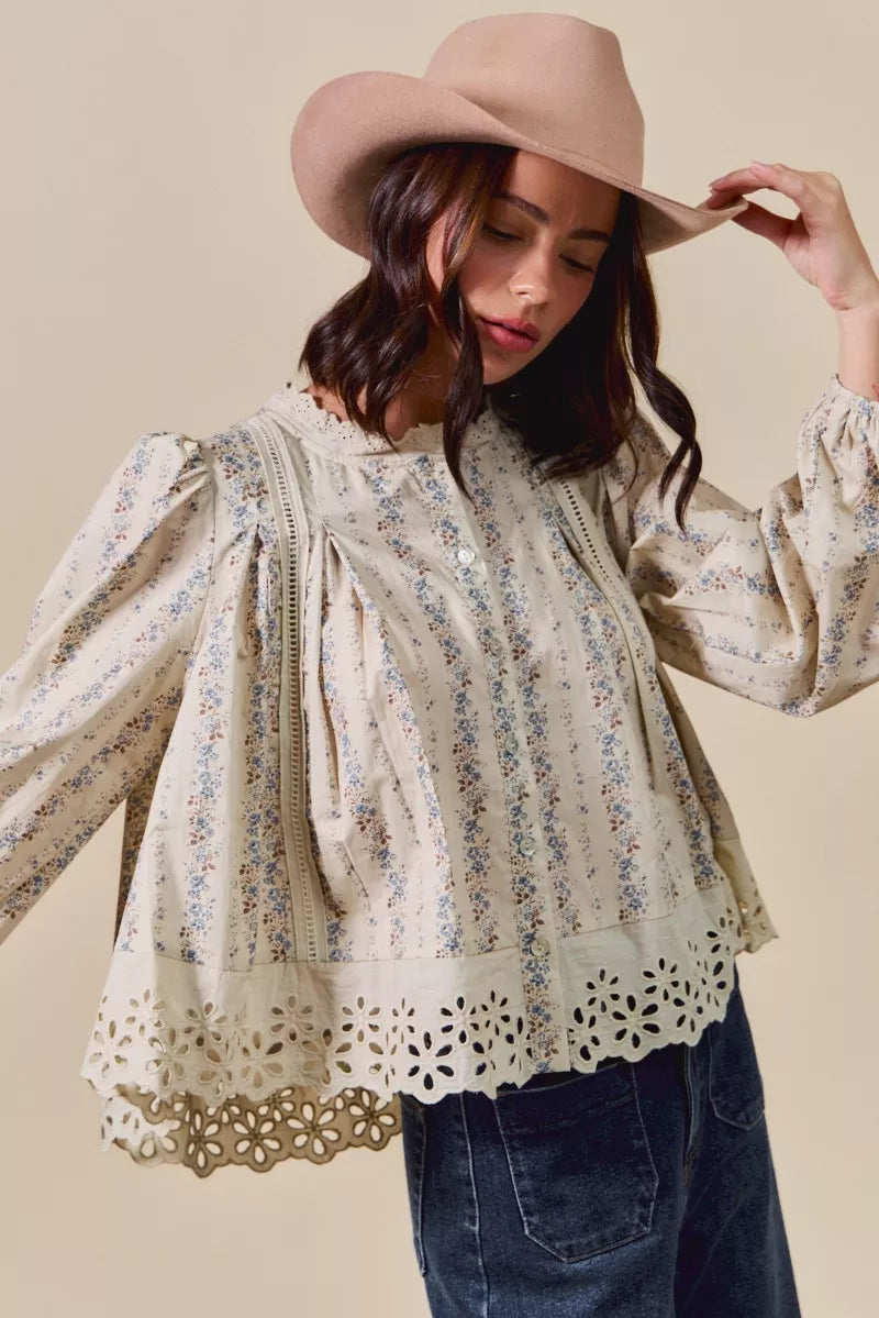 Floral Print Lace Button Down Shirt So Me