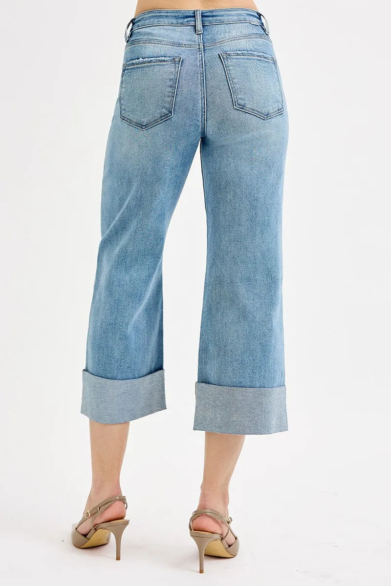 Tummy Control High Rise Ankle Wide Cuffed Jeans With Plus Size Risen
