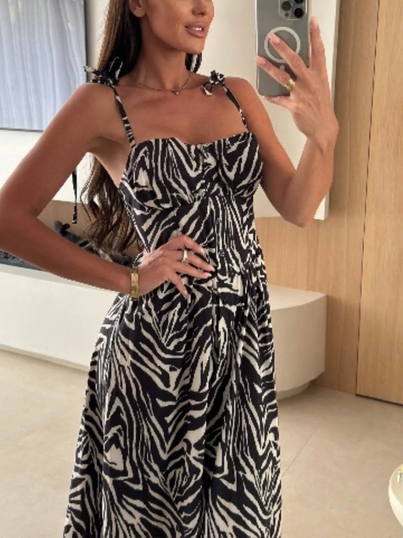 Printed Tie-Strap Midi Dress Simmer & Fay Zebra S
