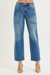 4 Way Stretch Mid Rise Barrel Jeans with Patch Pocket Detail Risen