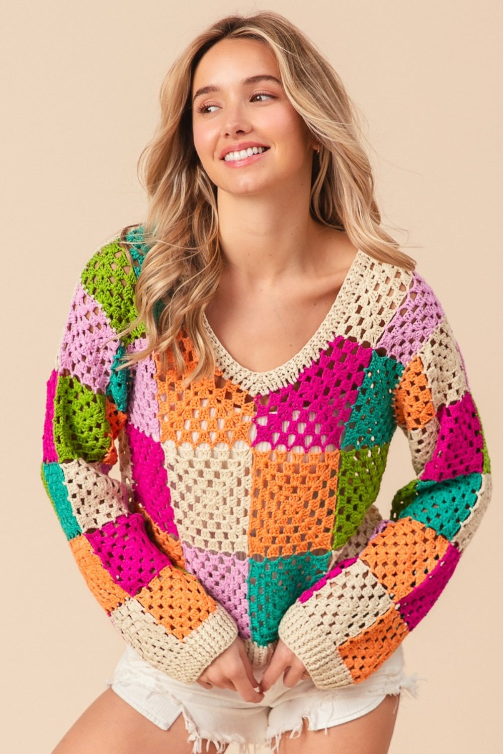 Multi Color Checkered Long Sleeve V-neck Knit Top BiBi   