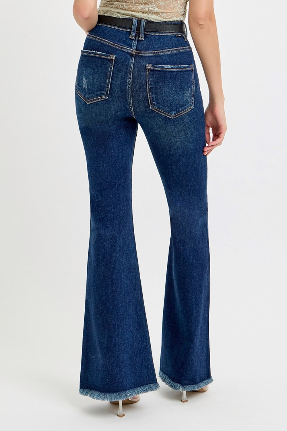 Tummy Control Frayed Hem Flare Jeans Risen   