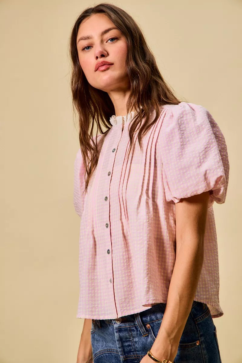 Gingham Lace Trim Button Bubble Sleeves Blouse So Me