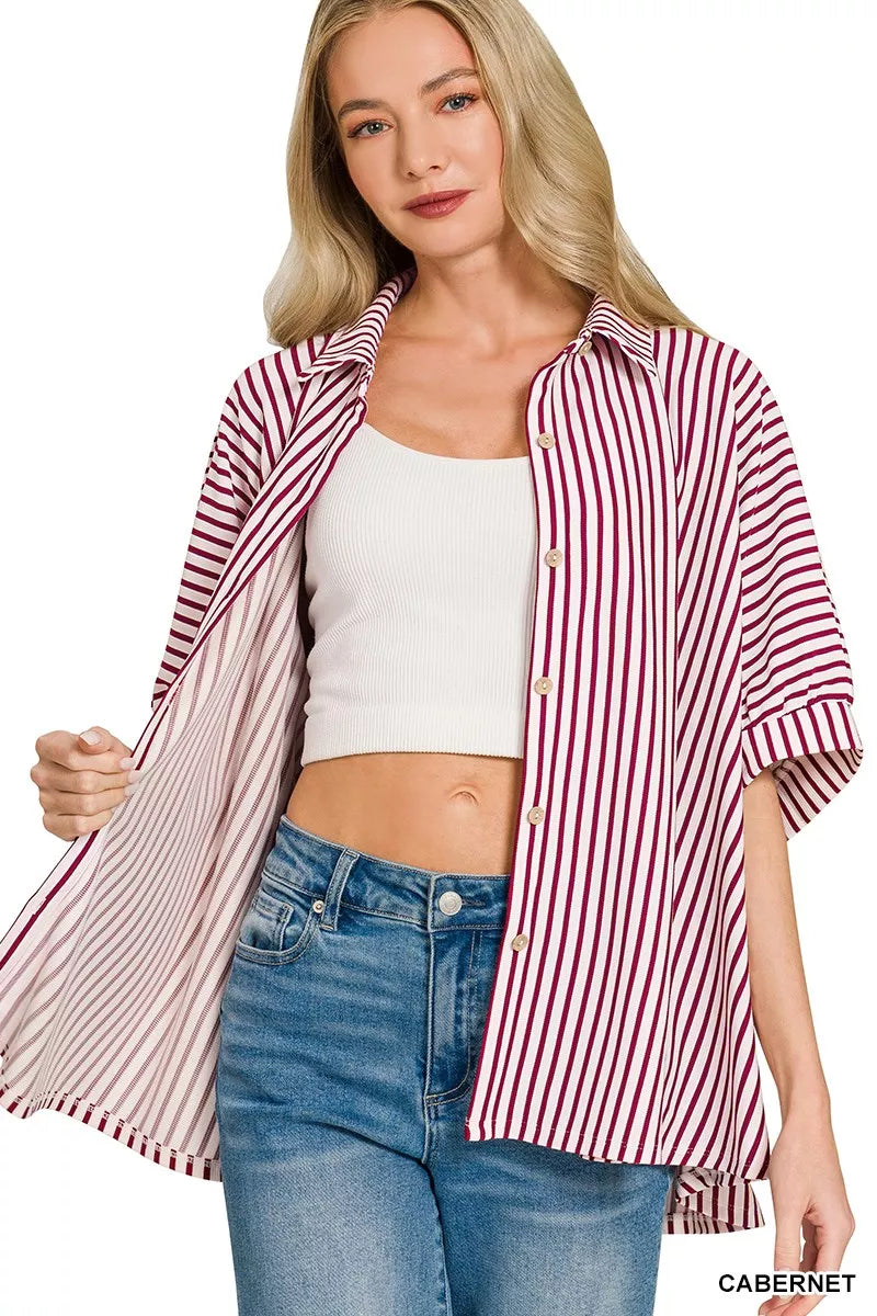 Oversized Stripe Button Down Shirt ZENANA CABERNET S/M