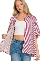 Oversized Stripe Button Down Shirt ZENANA CABERNET S/M