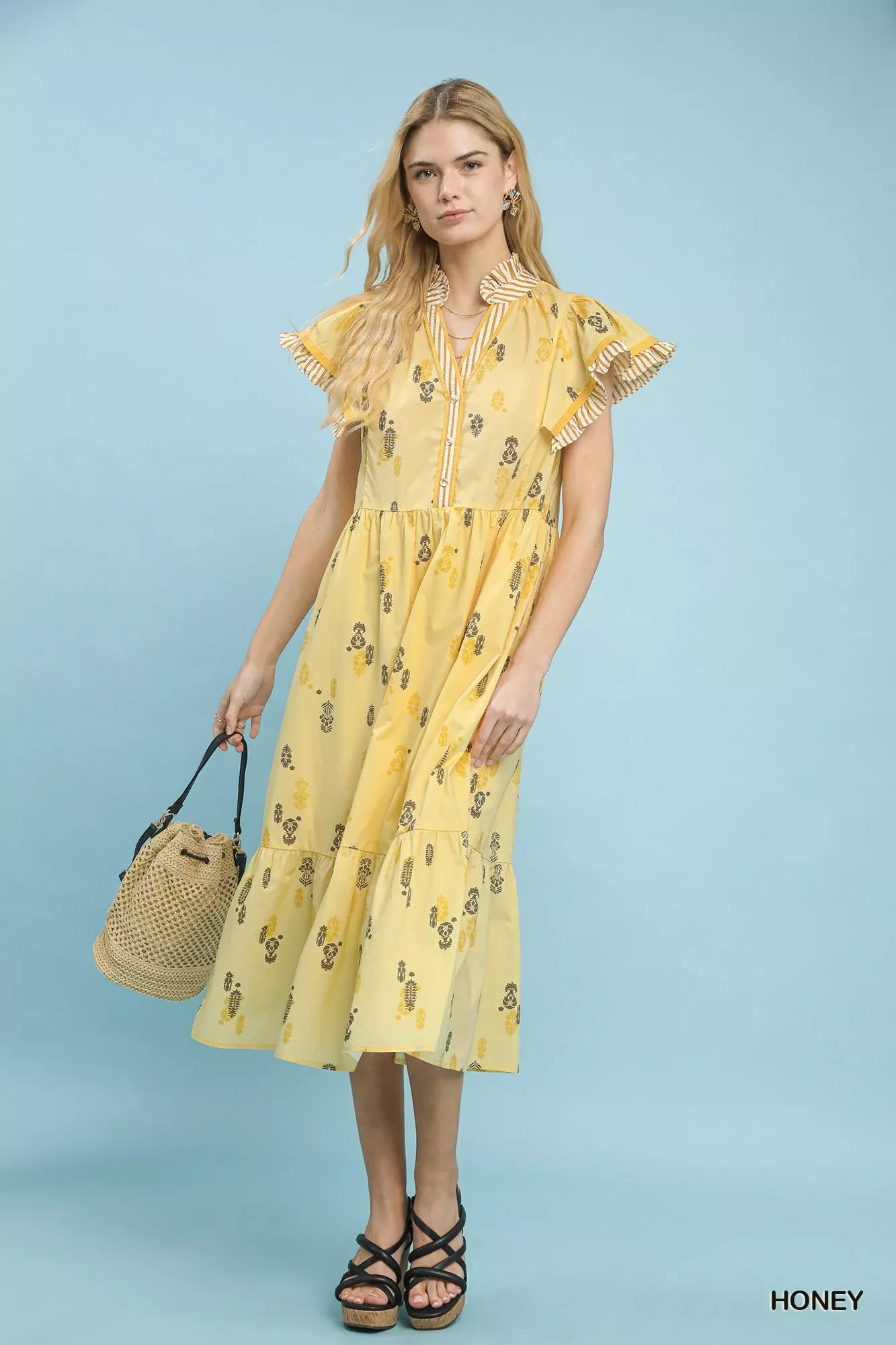Floral Ruffle Sleeve Tiered Midi Dress Umgee