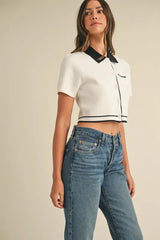 Button Down Contrast Collared Knit Cardigan Mable