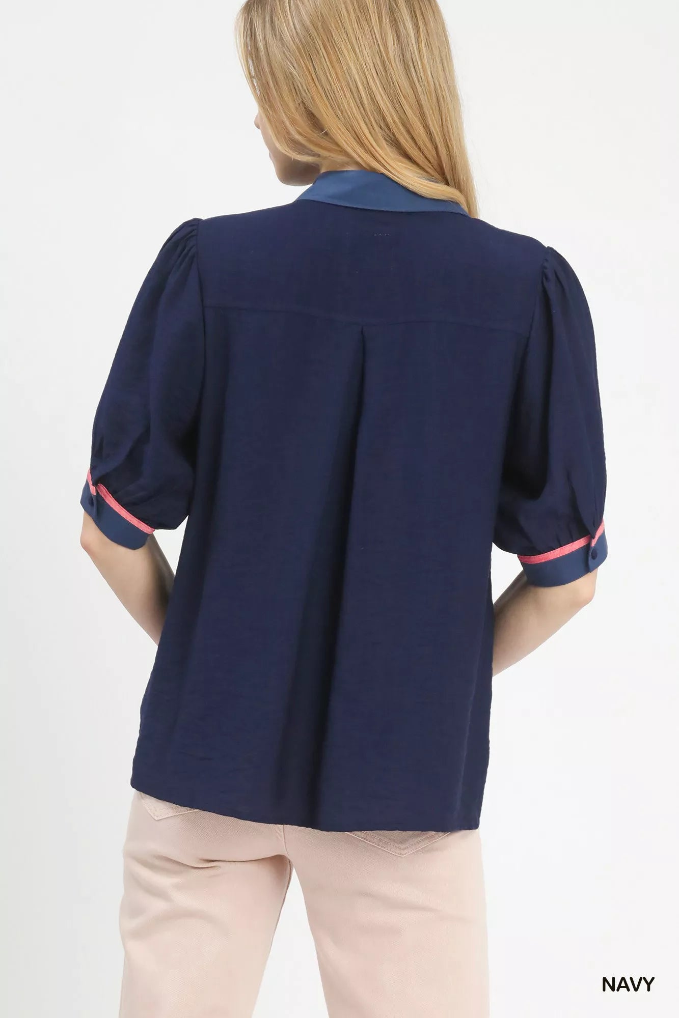 Embroidered Puff Sleeve Contrast Trim Top Umgee
