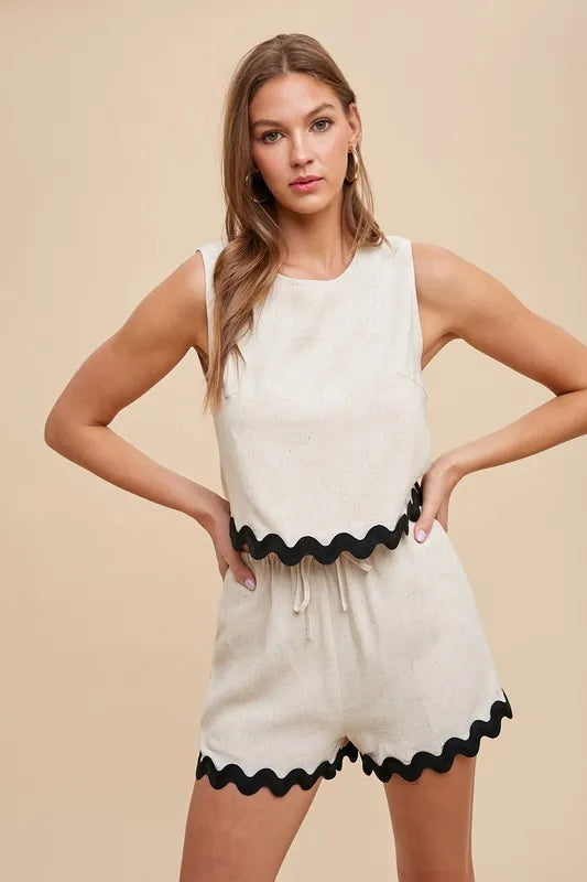 Ric Rac Trim Detailed Top & Shorts Set Annie Wear NATURAL S