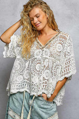 V-Neck Crochet Top with Scalloped Hem POL