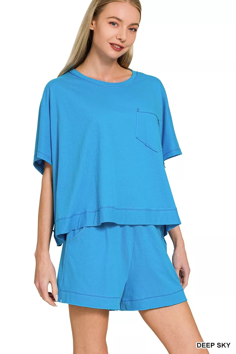 Exposed Seam Boxy Top & Shorts Set ZENANA DEEP SKY S