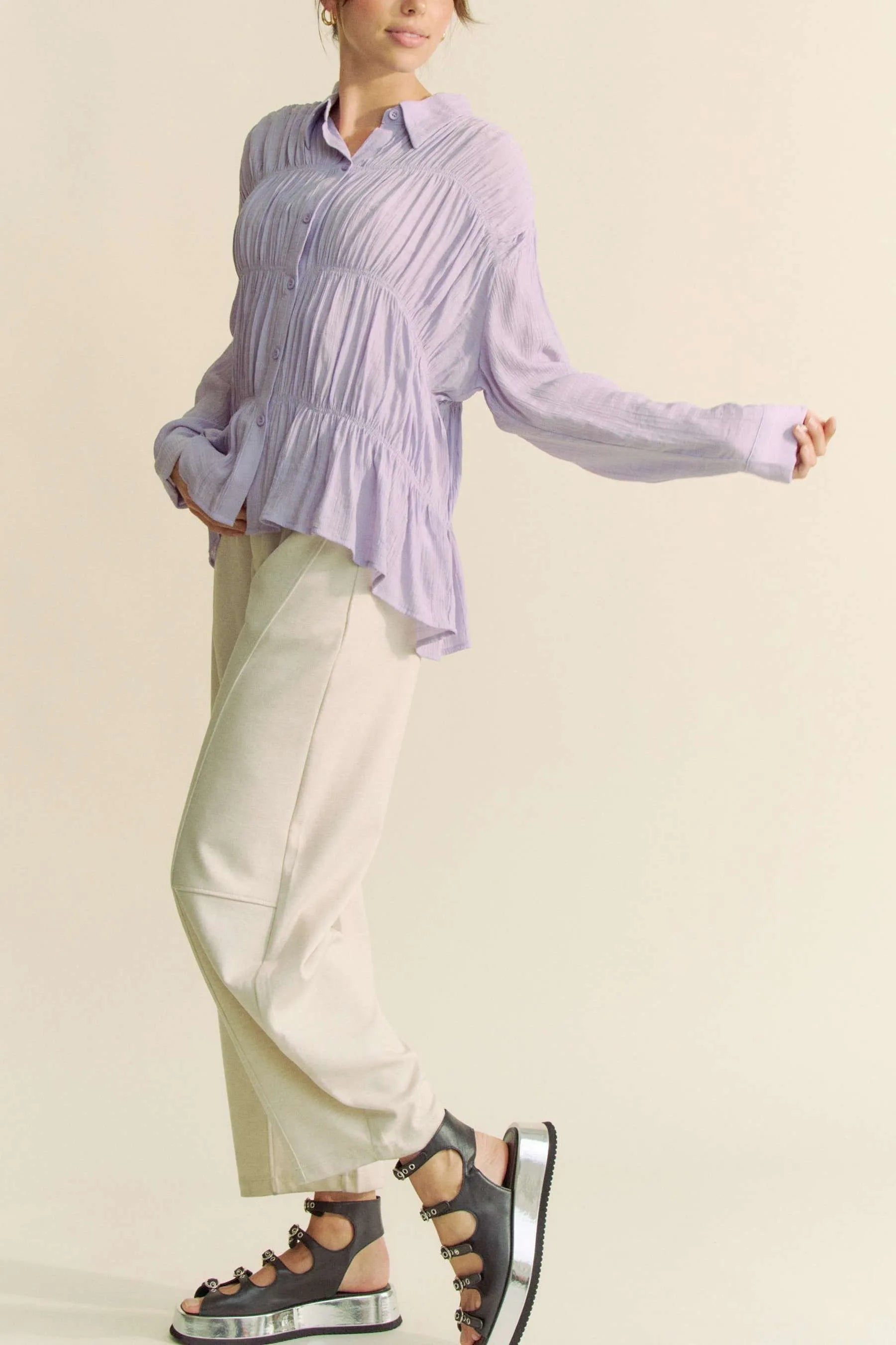 Ruched All Over Button Front Shirt Davi & Dani