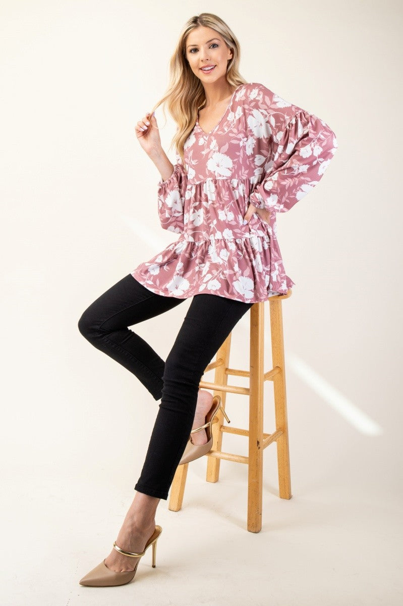 Tiered Floral V-Neck Long Sleeve Blouse Celeste   