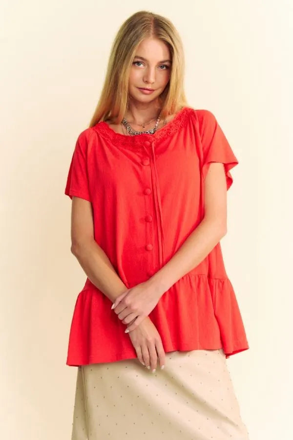 Solid Lace Trim Neck Short Sleeve Peplum Top Davi & Dani
