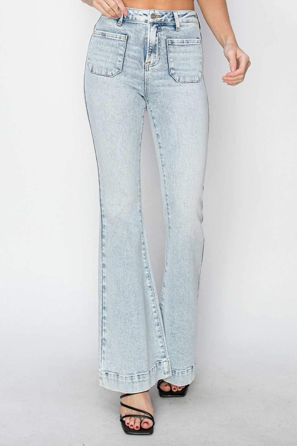 High Rise Front Patch Pocket Flare Jeans Risen   