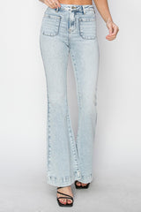 High Rise Front Patch Pocket Flare Jeans Risen   