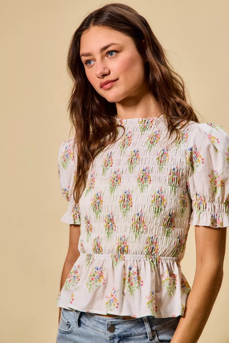 Floral Cotton Smocked Short Sleeves Blouse So Me