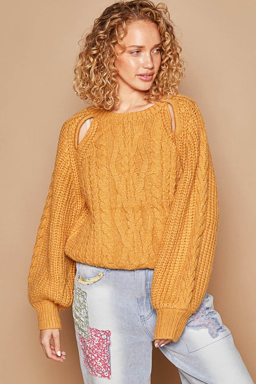 Cable Knit Cutout Long Sleeve Sweater POL Honey Mustard S 