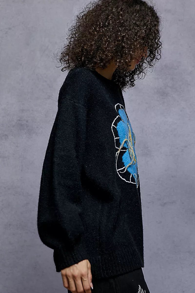 Floral Pattern Round Neck Sweater with Exposed Stitching POL