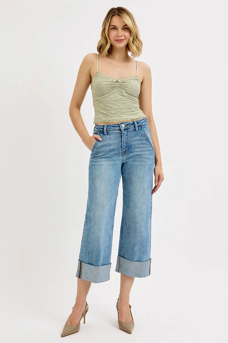 Tummy Control High Rise Ankle Wide Cuffed Jeans With Plus Size Risen