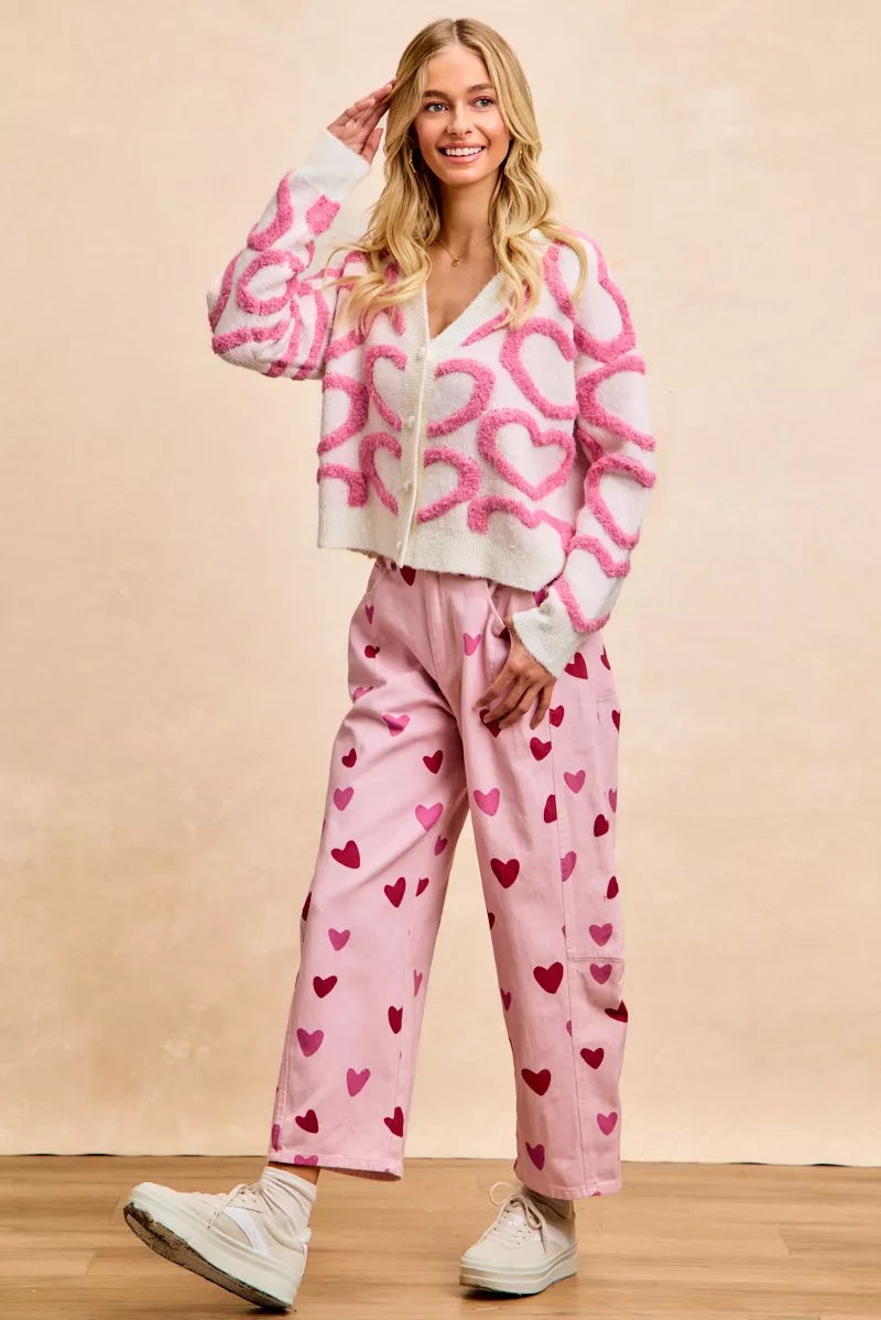 Textured Heart Buttoned V Neck Cardigan BiBi