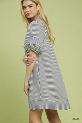 Striped Puff Sleeve Shift Dress Umgee
