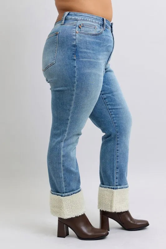 High Waist Shearling Cuff Straight Plus Size Judy Blue