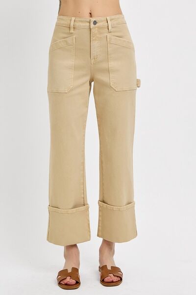 High Rise Wide Straight Cuffed Patch Jeans Risen Tan 1XL