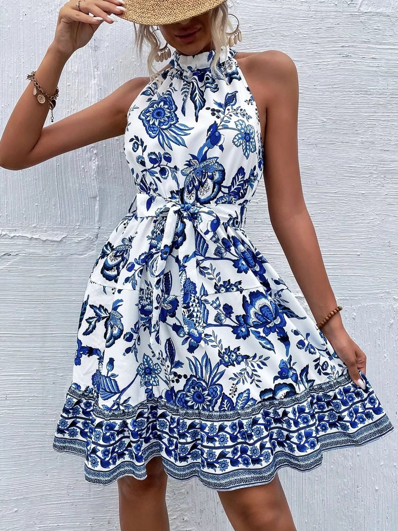 Printed Sleeveless Tie Waist Dress Simmer & Fay