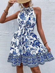 Printed Sleeveless Tie Waist Dress Simmer & Fay
