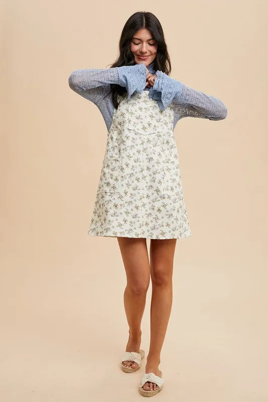 Stretch Ditsy Print Denim Overall Mini Dress Annie Wear