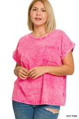 Full Size Crinkle Washed Round Neck Folded Short Sleeve Tee Plus Size ZENANA