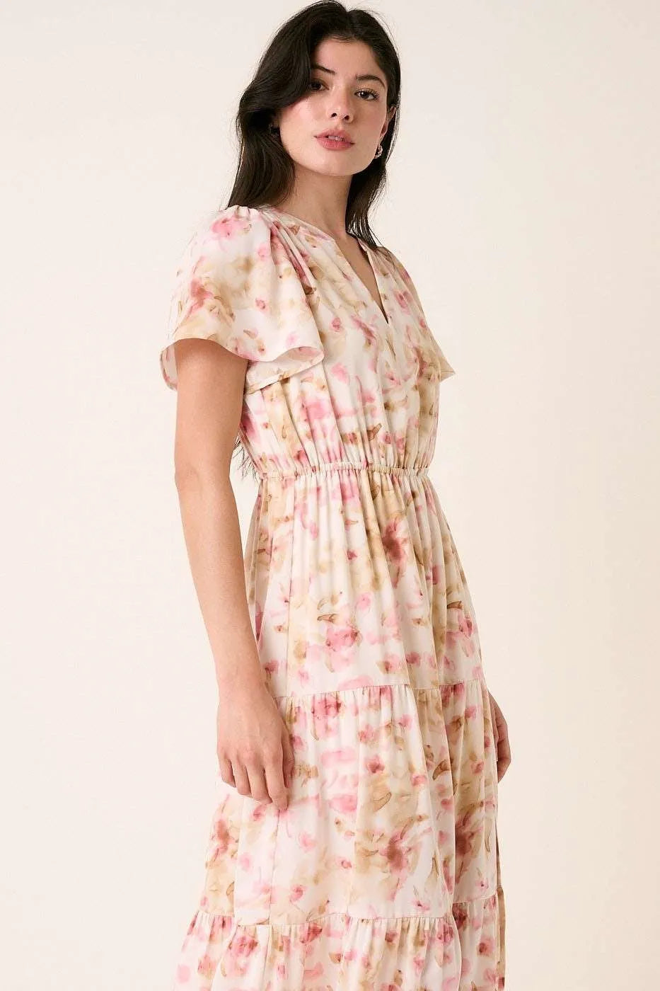 Flower Print Flutter Sleeve V Slit Maxi Dress Mittoshop