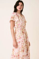 Flower Print Flutter Sleeve V Slit Maxi Dress Mittoshop