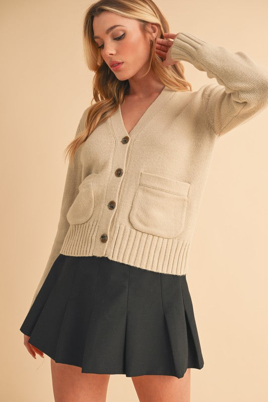 Ribbed Hem Button Down V-Neck Cardigan Aemi + Co