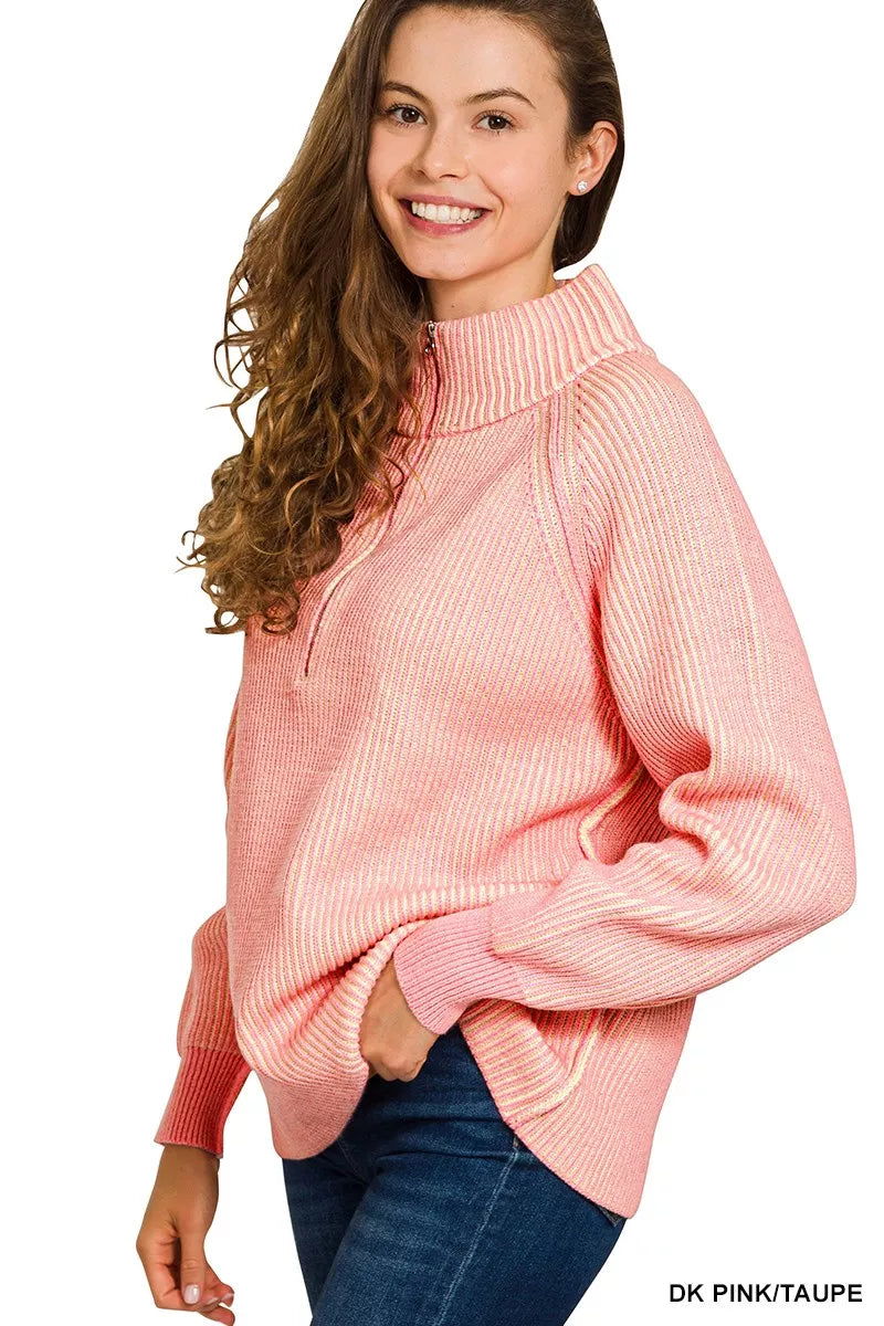 Ribbed Two Tone Half Zip Sweater ZENANA