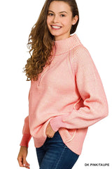 Ribbed Two Tone Half Zip Sweater ZENANA